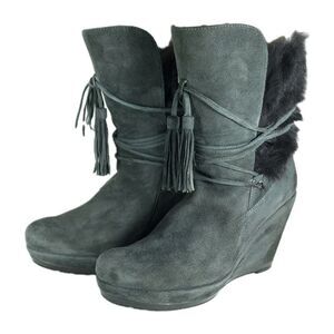 Luciano Barachini Women's EU38 US7-7,5 Gray Suede Faux Fur Lace Up Wedge Boots